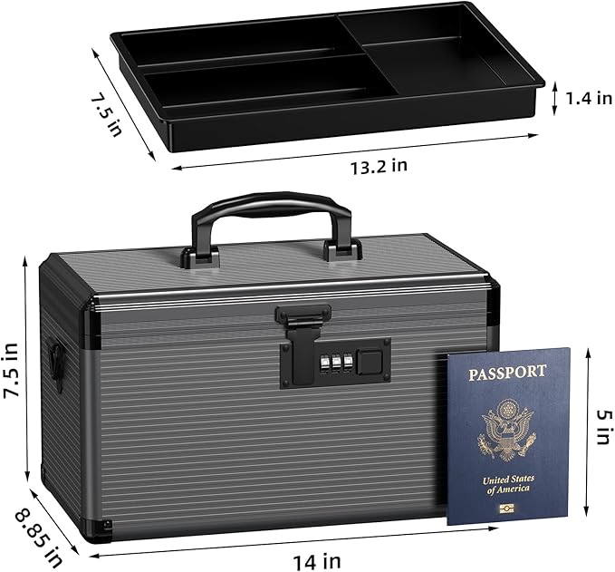 Medicine Lock Box with Code, Locking Medicine Box with Removable Tray & Pocket Bag, Portable First Aid Box for Home, 14 * 8.85 * 7.5 Inch (Black)