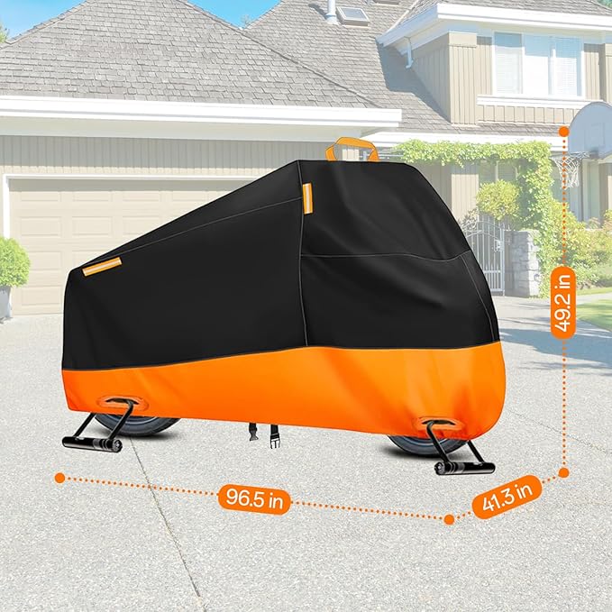 Motorcycle Cover Waterproof Outdoor, Heavy Duty Motocycle Vehicle Cover Fit up to 96.5", All Season Protection Cover with Top Handle & Reflective Strips, XXL Powersports Vehicle Cover