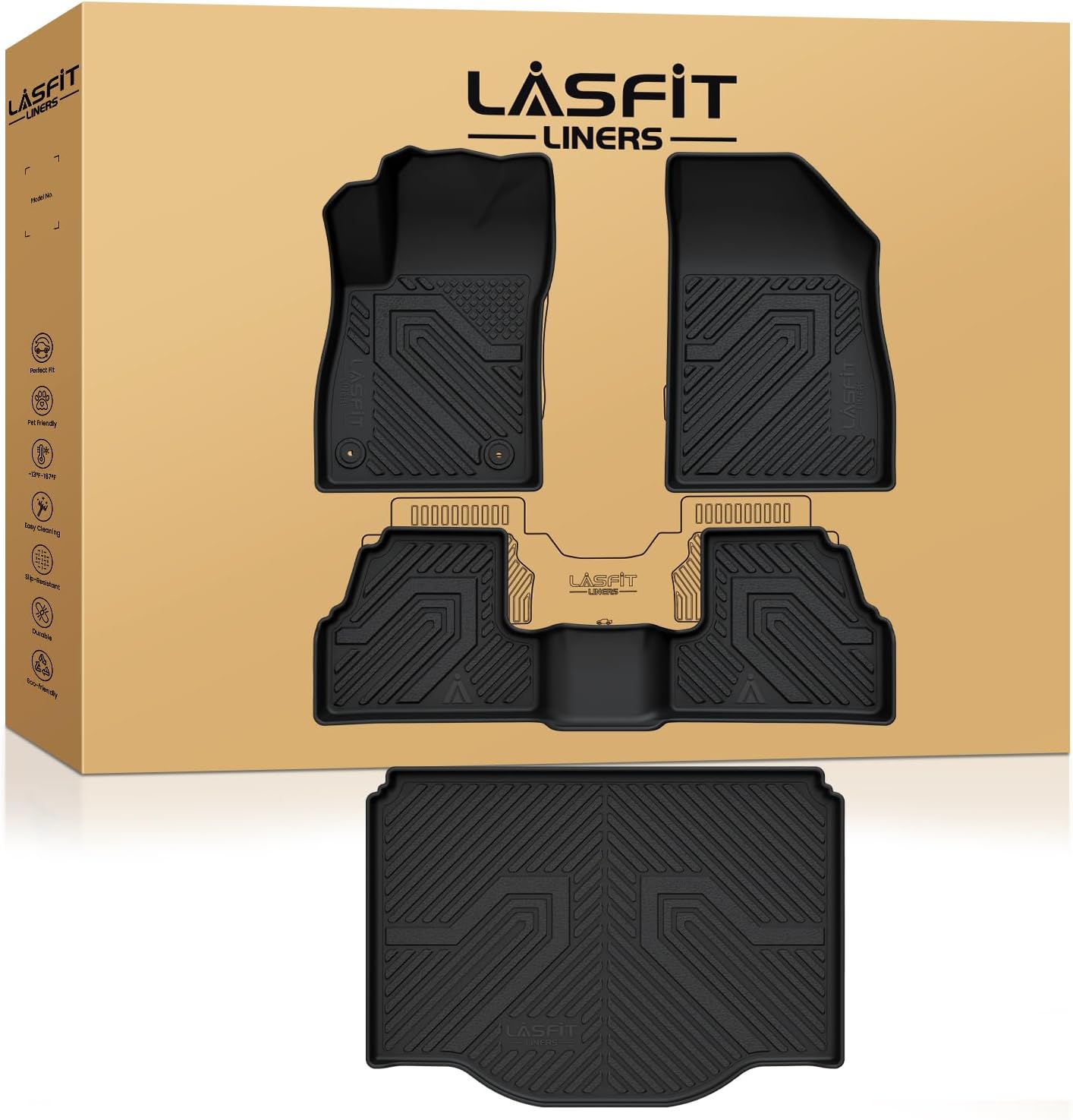 LASFIT Floor Mats & Cargo Liner for Chevrolet Chevy Trax 2014-2022 & Buick Encore 2013-2022, All Weather TPE Custom Fit Floor Mats for Cars, Car Mats Full Set for Chevy Trax Accessories, Black (4PCS)