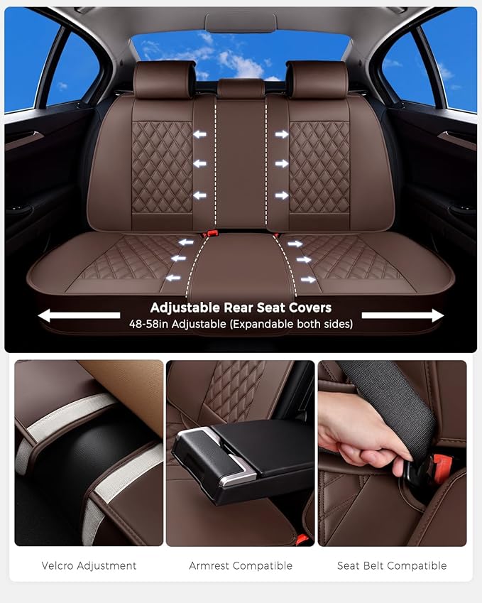 Huidasource Coffee Back Seat Cover, Nappa Leather Rear Seat Cover Velcro Adjustable, Compatible with Armrests, Seat belts, Child Safety Seats, Universal Fit for Most Cars SUVs Trucks (Back Row/Coffee)