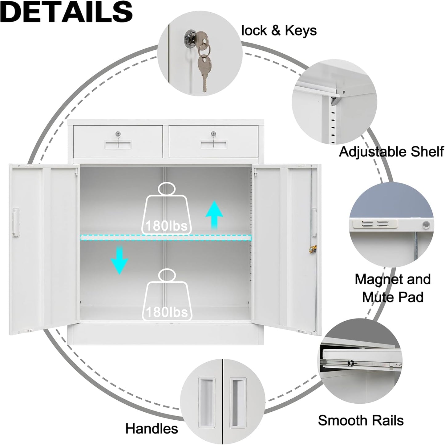 Metal Storage Cabinet, Locking Storage Cabinet with Adjustable Shelf, 36" H Metal Cabinets with Two Drawers for Office, Garage, Home-White
