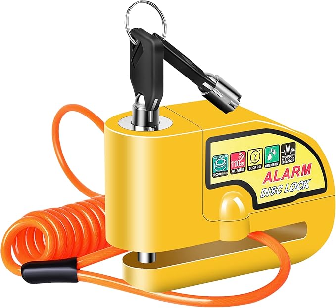 Motorcycle Alarm Disc Brake Lock, Motorcycle Locks Anti Theft Security Wheel Disc Lock Waterproof 110dB Alarm Sound with 5ft Reminder Cable Keys and Carry Pouch for Motorbike Bike Scooter