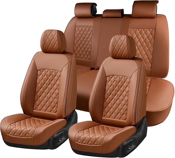 Huidasource Brown Seat Covers, Nappa Leather Car Seat Covers, Velcro Adjustable, Compatible with Airbags, Armrests, Child Seat, Seat Belts, Fit for Most Cars, Vans, Trucks, SUVs (Full Set/Brown)