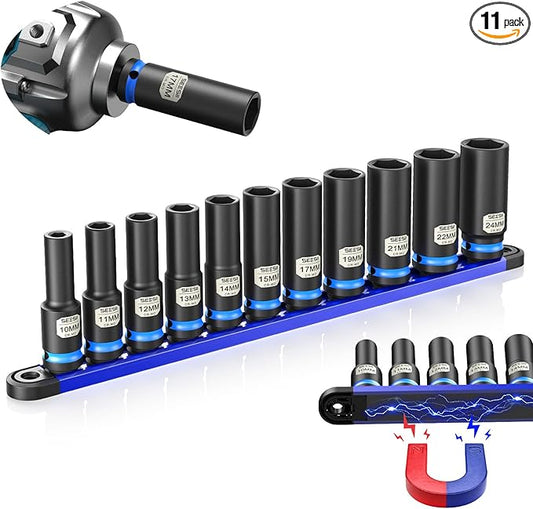 SEESII CR-MO 1/2" Drive Impact Socket Set with Magnetic Organizer, 11pc Deep Metric (10-24mm), 6-Point for Impact Wrench & Ratchet, Professional for Lug Nut, Wheel & Suspension Repair