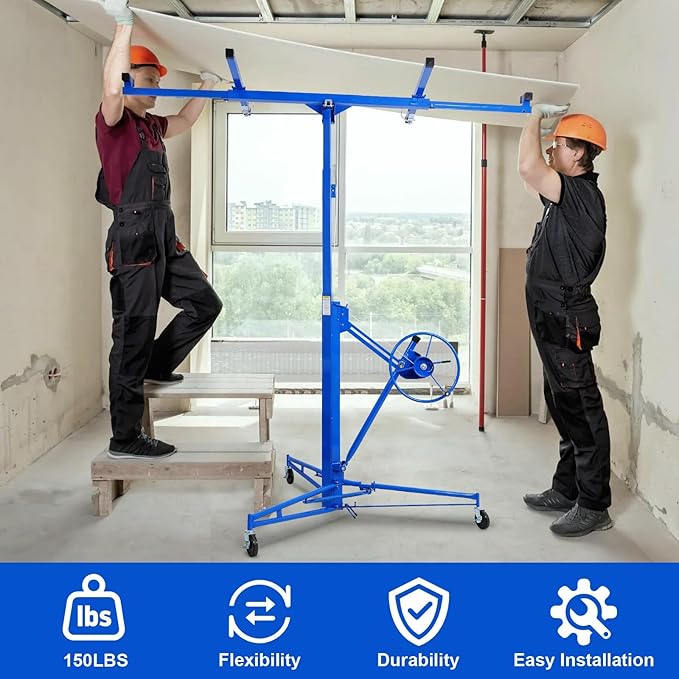 11FT Drywall Lift Sheetrock Lift, 150LBS Capacity, Drywall Lift Panel Hoist with Telescopic Arm, Drywall Jack Lift with 3 Lockable Wheels for Home Improvement Classic, 4'x16' Panel Size, Blue