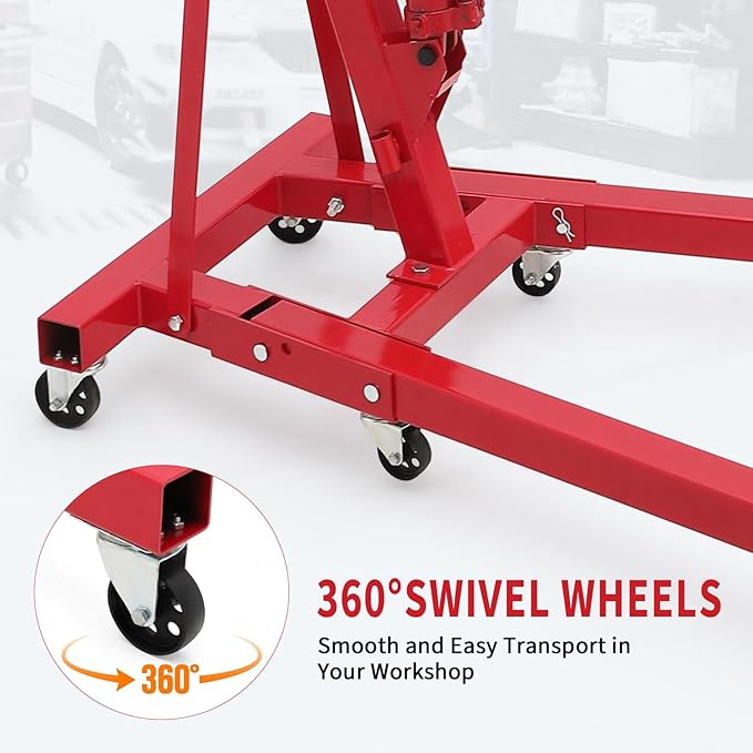 2-Ton Folding Engine Hoist Cherry Picker 4400 Lb Capacity Hydraulic Shop Crane with Telescoping Boom 6 Caster Wheels for Automotive Repair Garage Use Includes Hitch and Storage Stand Red