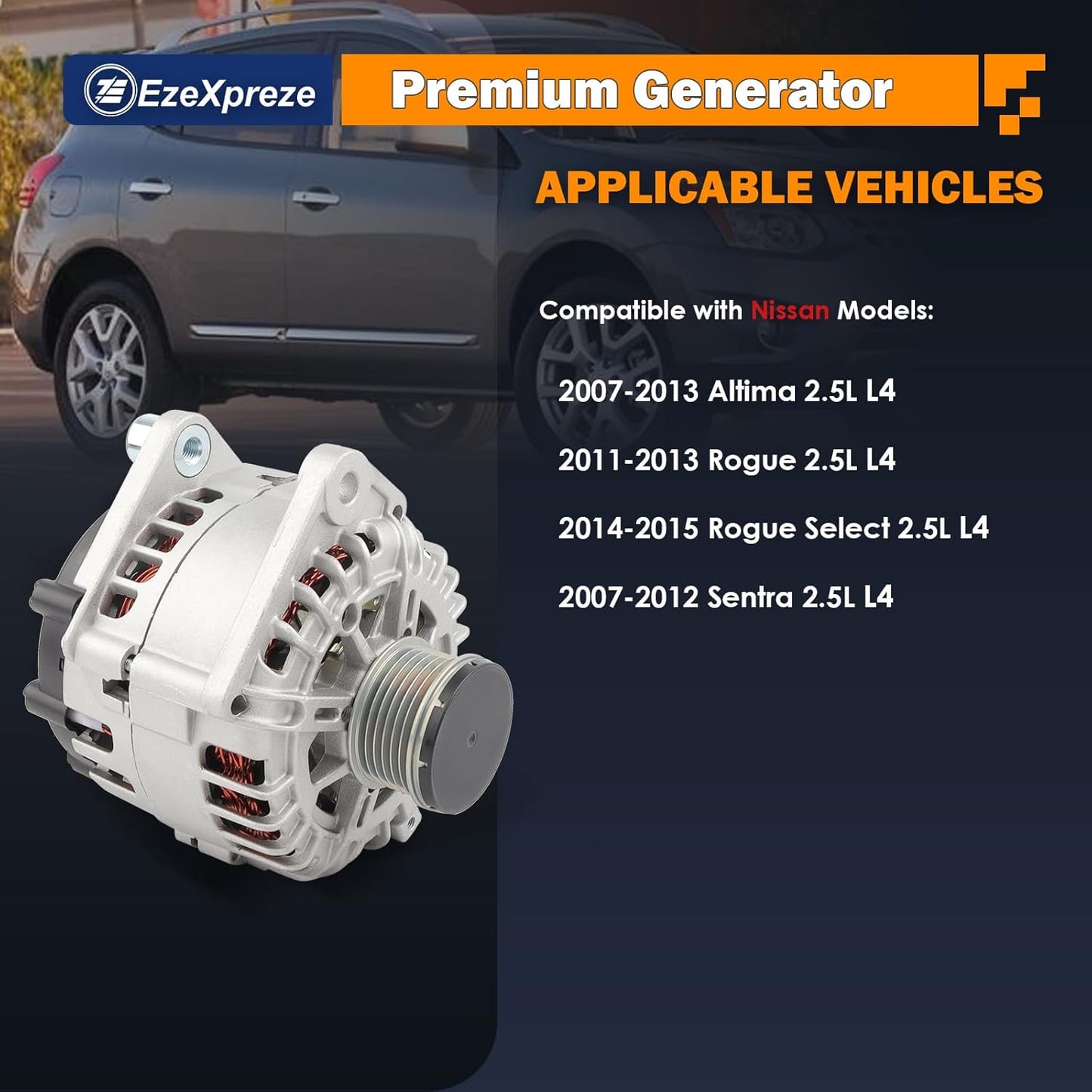 Ezexpreze Alternator fit for Nissan Altima 2007-2012 L4 2.5L, for Sentra 2007-2012, for Rogue 2011-2013, OE# 11258 11458 11567 23100-JA02A 11258N