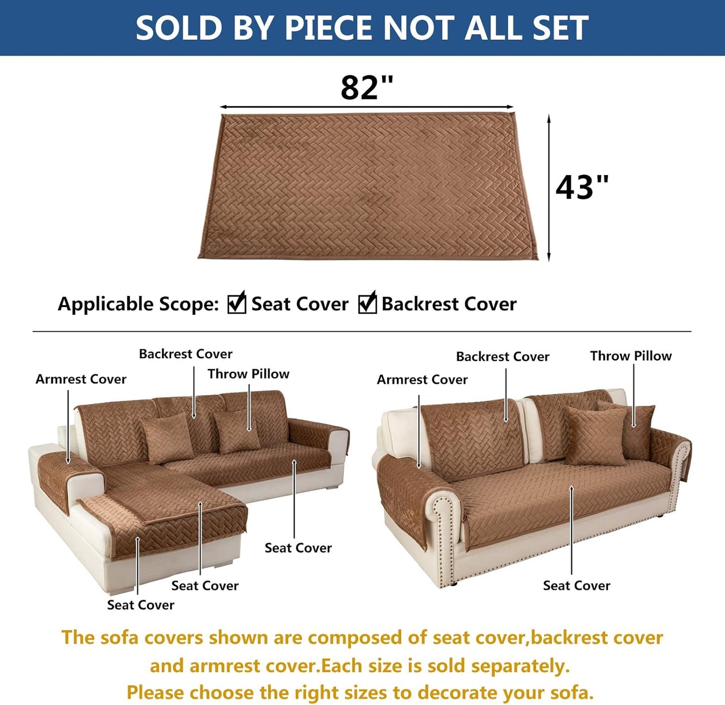 Eismodra Couch Cover,Sectional Couch Covers,Sofa Covers for 3 Cushion Couch,Anti-Slip Sofa Slipcovers for Dogs Cats Kids Loveseat Recliner L Shaped Armrest Backrest,Brown 43''x82''(Only 1 Piece)