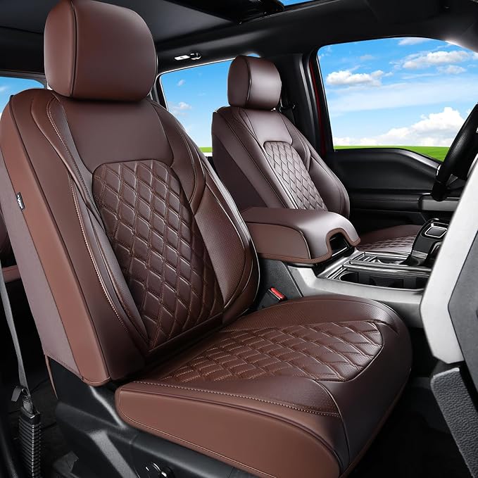 Huidasource Ford F150 F250 Custom Seat Covers, Full-wrap Car Seat Protector Fit for Ford F150 2015-2025&F250 F350 F450 2017-2025 All Cab XL XLT Lariat King Ranch Platinum(Front Pair/Coffee)
