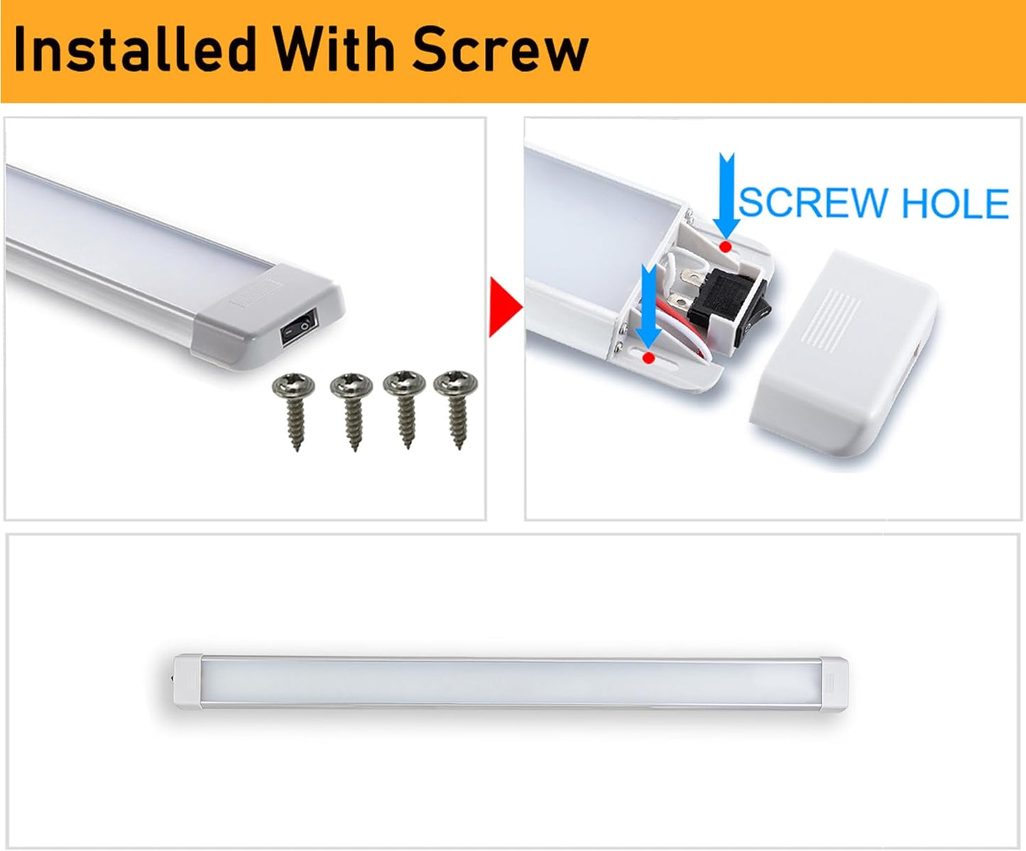 LED Interior Utility Light Fixture 34.2" x 2.6", High Lumen-Output Low Current Draw Energy Efficient, Frosted Lens 6000K Cool-White Even Diffused Beam, On/Off Rocker Switch 12V-24V DC, 1-Pack