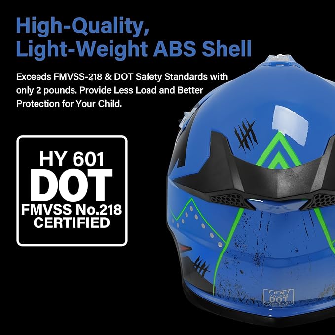 XFMT DOT Youth Kids Dirt Bike Helmet Full Face Motocross Helmets for Off-Road ATV Street Bike Four Wheeler Motorcycle with Goggles & Gloves, Blue Shark Medium