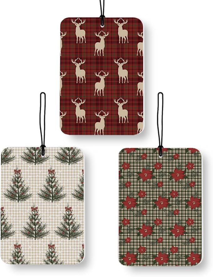 Vintage Plaid Christmas Car Air Freshener 3 Pcs, Red and Green Christmas Tree Poinsettia Reindeer Air Freshener Hanging Decor for Cars Closet Drawer Books Accessories Gifts