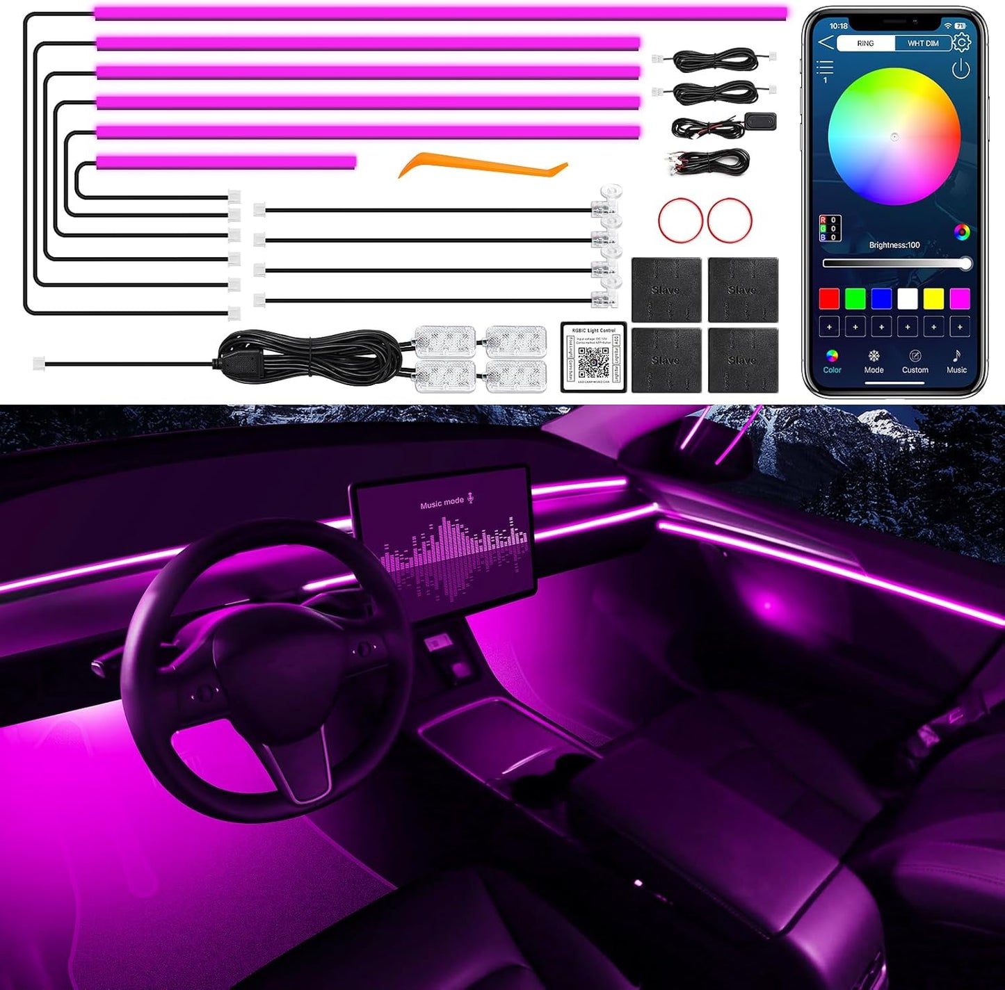 Acrylic Interior Car LED Strip Light with Wireless APP, RGB 14 in 1 with 175 inches 612 LEDs Fiber Optic Strip Lights for Car, Dual Zone Music Sync Neon Car Ambient Lighting Kits