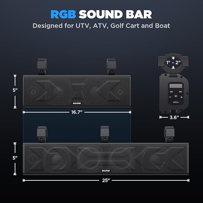 Ehaho 25 Inch UTV Sound Bar, ATV SoundBar Bluetooth with RGB Lighting, IP66 Waterproof Golf Cart Sound Bar, Amplified Powersports SXS SoundBar, UTV Speakers Compatible with Polaris RZR Can-Am