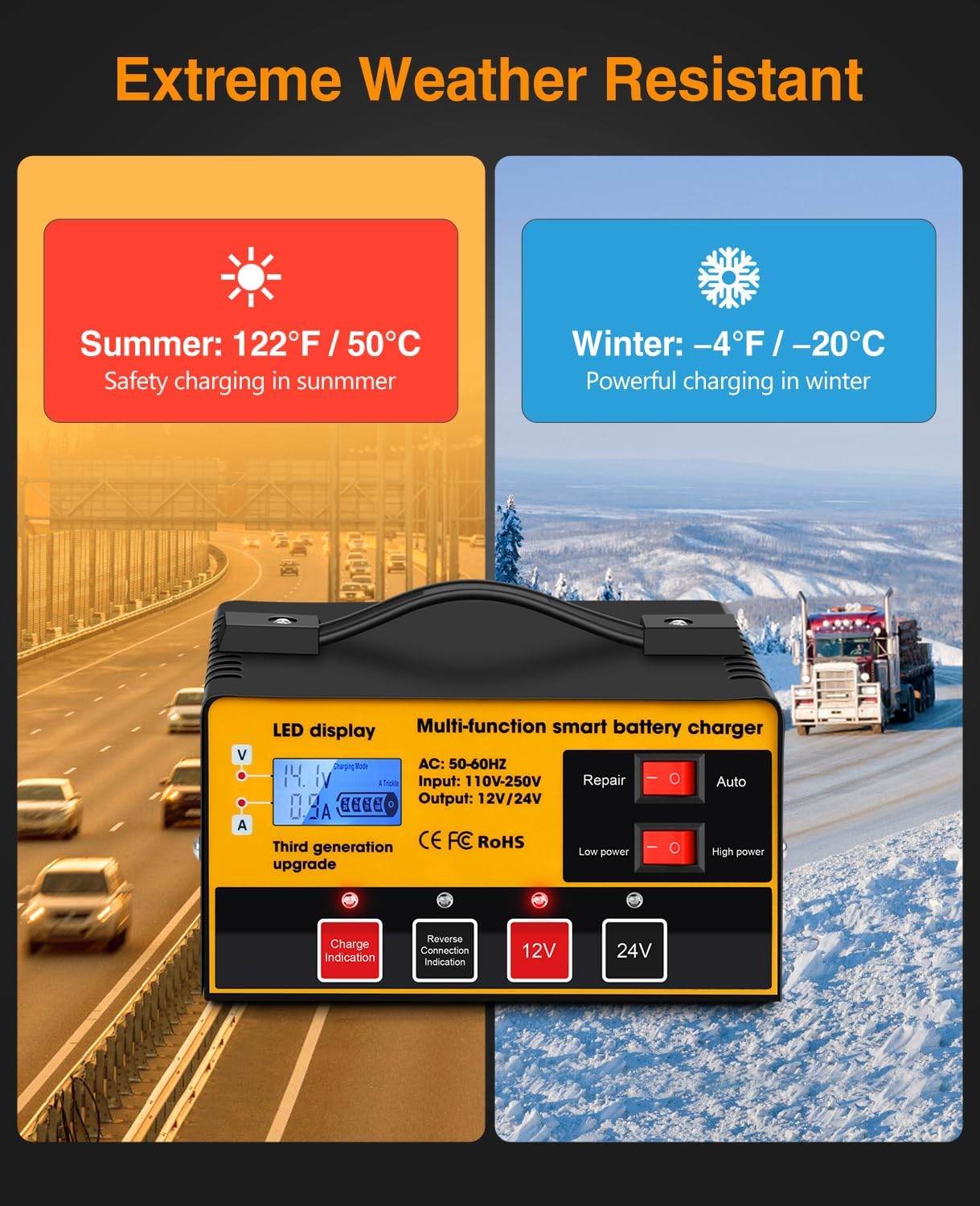 Outerman Car Battery Charger,12V-12A/24V-8.5AMH Smart Automatic Battery Charger,High/Low Power Trickle Charger Battery Maintainer and Desulfator,for Motorcycle Lawn Mower Marine Lead Acid Batteries