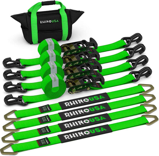 Rhino USA Car Tie Down Straps for Trailers with J Hooks (4-Pack) – 2" x8' (10,000lb Break Strength) – Heavy Duty Car Hauler Tire Straps with Axle Straps for UTV, Powersports & More – Green