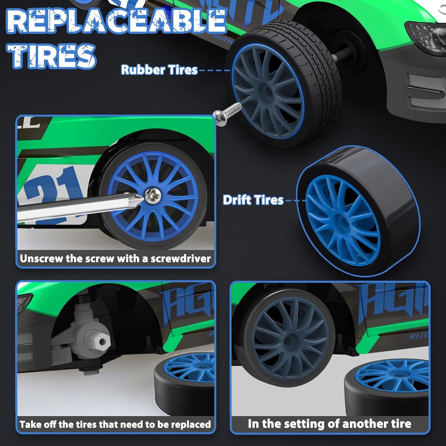 RC Drift Car 2.4GHz 1:24 Scale 4WD Remote Control Car 15KM/H High Speed Drifting RC Cars with Cool Lights, Two Batteries and Extra Tires Toys for Kids Boys Girls Adults, Green