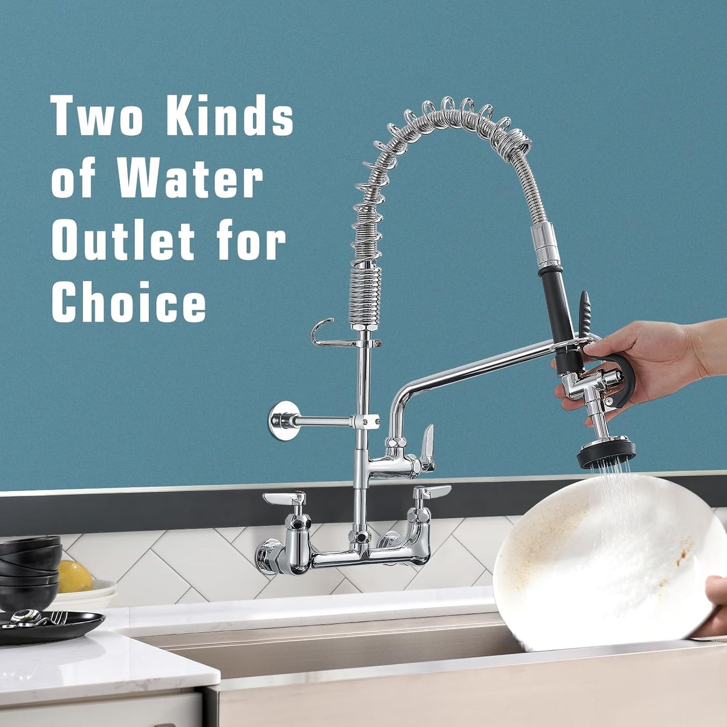 Fapully Commercial Kitchen Faucet,Wall Mount Kitchen Sink Faucet with Pre-Rinse Pull Down Sprayer,25‘’ Height 8'' Center 3 Compartment Sink Faucets with 12.2'' Swing Spout Chrome