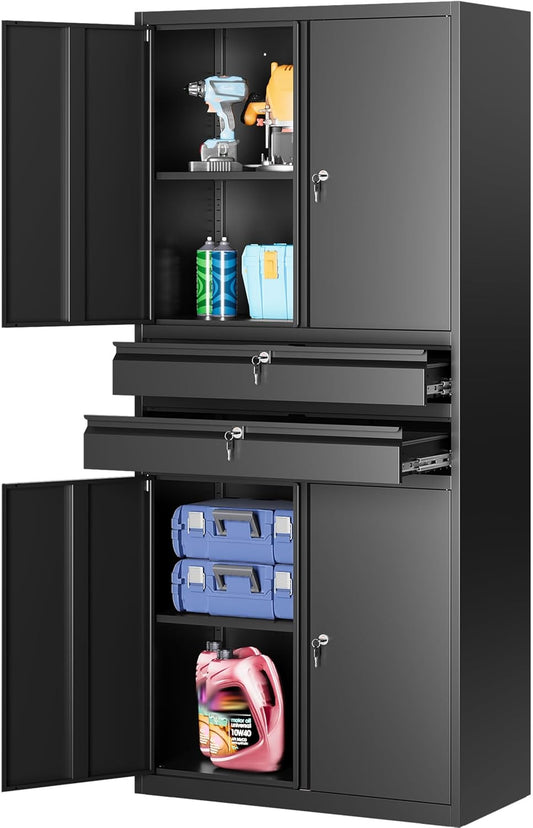 Metal Storage Cabinet with Drawer and Locks,Black Garage Storage Cabinet with Locking Doors and Adjustable Shelves,71" Tall Large Metal Cabinets with Magnetic Door for Home,Office,Garage