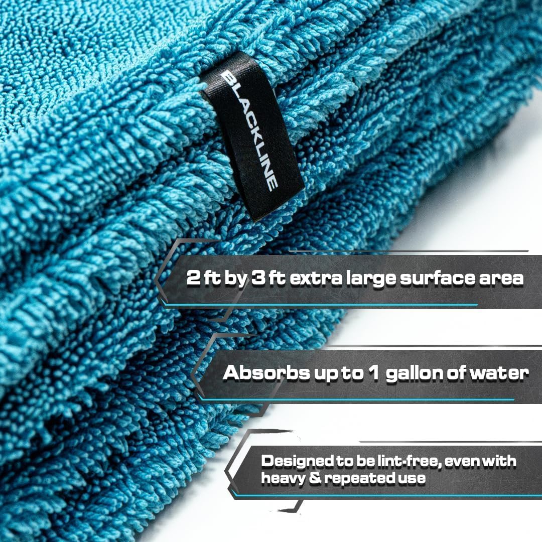 Blackline Car Drying Towel - 2ftx3ft XL-Popular Pick Among Detailing Pros -Aqua 1300 GSM Microfiber Accessory - Absorbs Over 8lbs of Water - Leaves No Streaks, Spots or Scratches - Dries an Entire Car