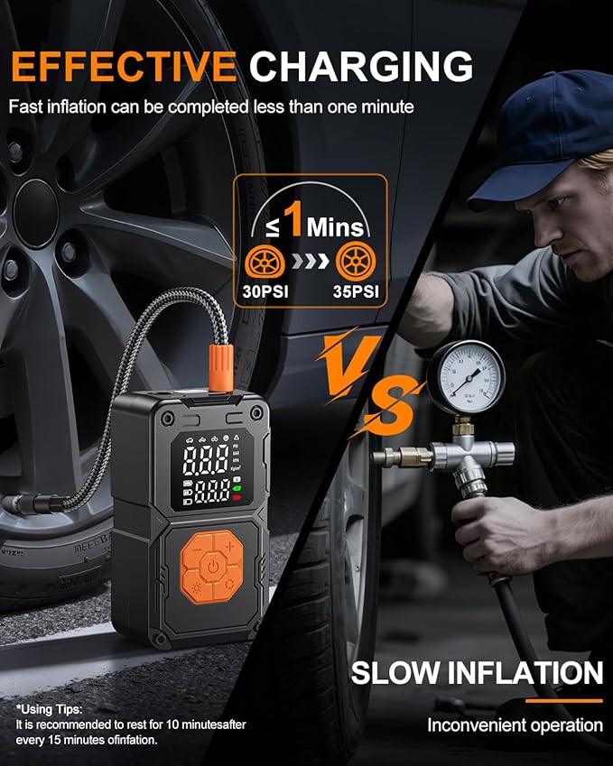 Cordless Portable Air Pump, 150PSI Fast Tire Inflator with Pressure Gauge & LED Light, Compact Air Compressor for Car, Bike, Motorcycle, and Balls (auto)