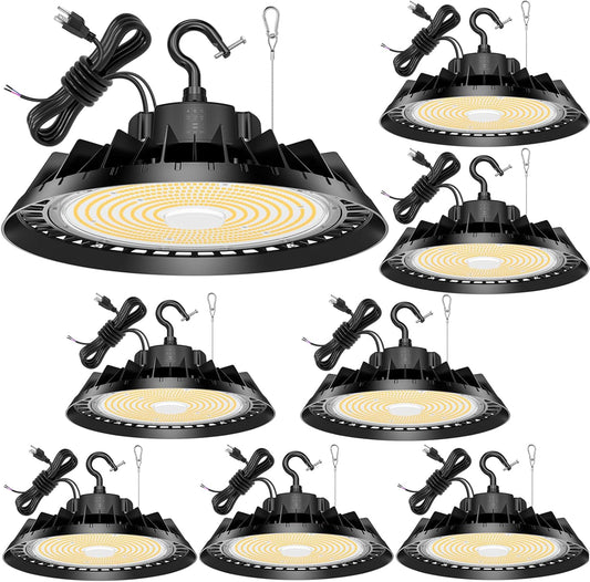 8Pack LED High Bay Lights, Super Bright 150W UFO High Bay LED Shop Lights, 22500LM 5000K, 0-10V Dimmable, 5' Cable Plug, IP65 Waterproof, ETL Listed Plug & Play Lighting for Factory Warehouse