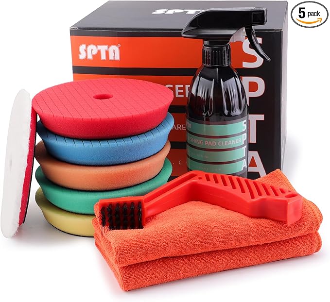 SPTA Polishing Pads, 5Pc 6 Inch 150mm Orbital Buffer Polisher Pads and 1Pc Microfiber Buffing Pads, Foam Polish Pad for Compounding, Polishing and Waxing, for 6''/150mm Backing Plate Car Polisher