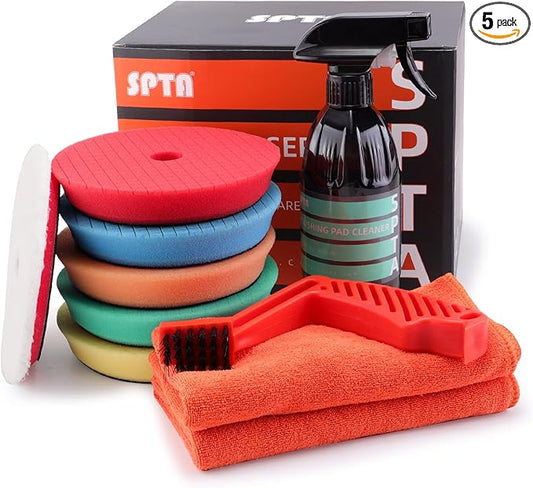 SPTA Polishing Pads, 5Pc 6 Inch 150mm Orbital Buffer Polisher Pads and 1Pc Microfiber Buffing Pads, Foam Polish Pad for Compounding, Polishing and Waxing, for 6''/150mm Backing Plate Car Polisher