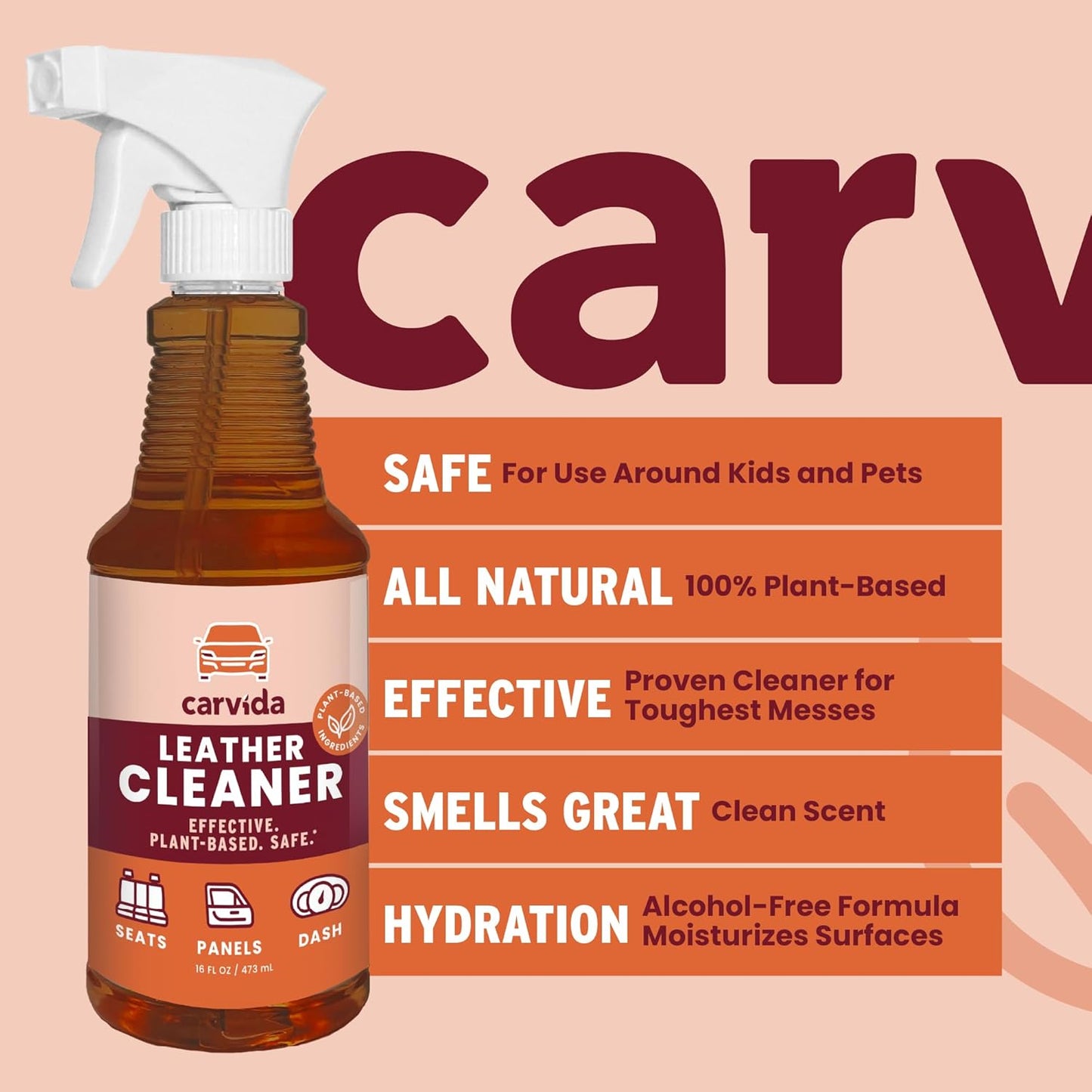 Leather Cleaner, Plant-Based Cleaner for Car Seats, Leather, Vinyl, 16oz