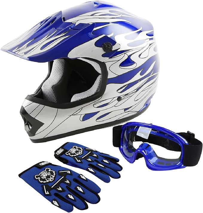 XFMT DOT Youth Kids Dirt Bike Helmet Full Face Motocross Helmets for Off-Road ATV Street Bike Four Wheeler Motorcycle with Goggles & Gloves, Blue Flame Medium