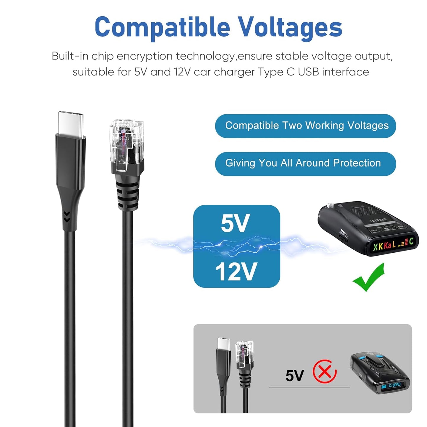 Radar Detector Cable,USB C to RJ11 Cable Charging Kit,with Automatic Recognition and Matching Voltage Function,for Escort Max360 Unide Beltronics Cob'r'a DualPro 360 Radenso XP etc Radar Detector