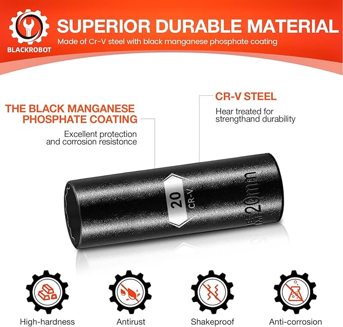 BLACKROBOT 20 mm 12-Point Deep Impact Socket, 1/2 Inch Drive, Metric, Cr-V Steel With Black Manganese Phosphate Coating