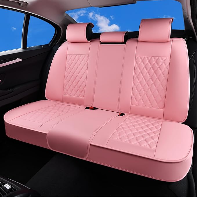 Huidasource Pink Rear Seat Covers, Nappa Leather Back Seat Covers Velcro Adjustable, Compatible with Armrests, Seat Belts, Child Safety Seats, Fit for Most Cars SUVs Trucks (Back Row/Pink)