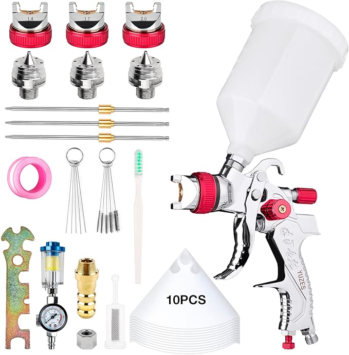 YUZES HVLP Spray Gun Kit with 1.4/1.7/2.0mm Nozzles and Complete Accessories, Auto Paint Guns Automotive, HVLP Paint Spray Gun for Cars Basecoats, Clearcoats, Primers & DIY Painting (Red)
