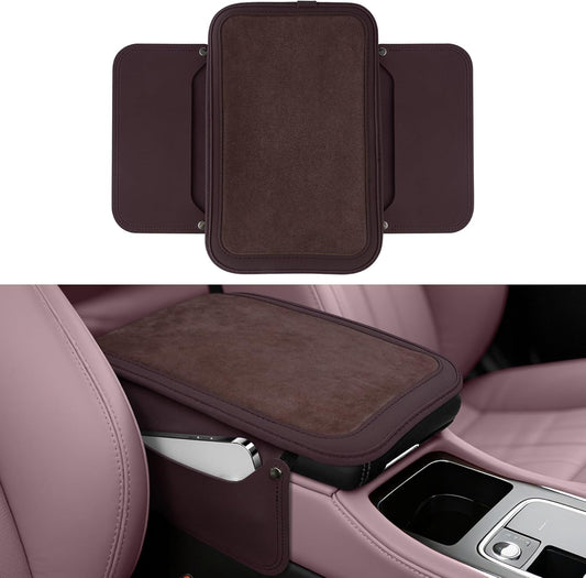 SINGARO Car Leather Center Console Cover with 2 Storage Bags, Universal Furry Fluffy Car Armrest Seat Box Pad, Comfortable Car Interior Accessories, Fits for Most Vehicles (Brown)