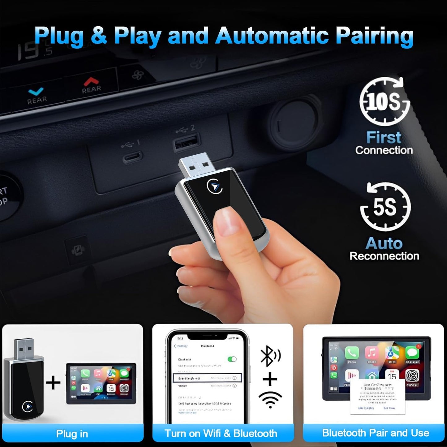 Wireless CarPlay Adapter for iPhone,2 in 1 CarPlay Wireless Adapter,No Latency,Compatible with Over 800 Car Models from 2016+,for iPhone 10+ & Android 11 Above,Black