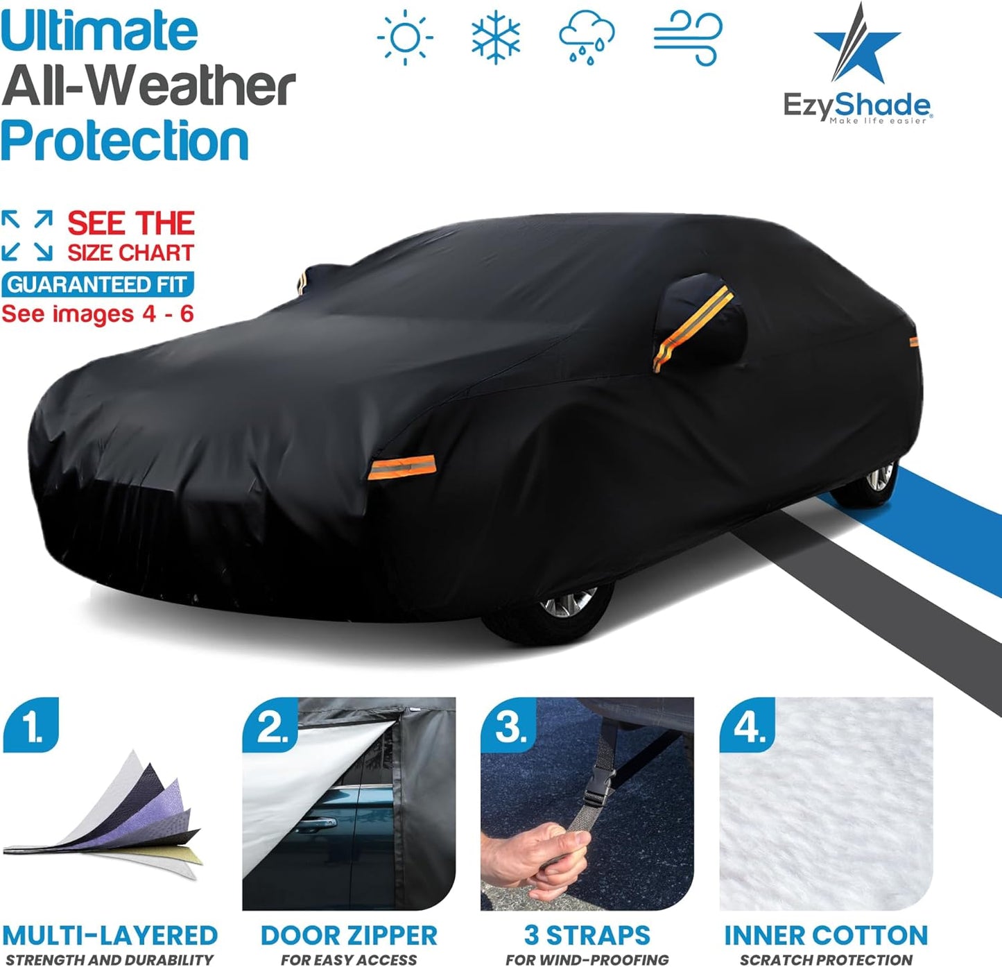 EzyShade 10-Layer Car Cover Waterproof All Weather. See Vehicle Size-Chart for Accurate Fit. Outdoor Full Exterior Covers for Automobiles Sedan Hatch. Rain Sun Snow. Black, Size A1 (See SizeChart)