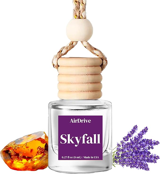 Car Air Freshener Skyfall – Floral Aroma Diffuser, Long-Lasting Lavender & Vanilla Hanging Oil Diffuser with Wooden Cap, Non-Toxic Rearview Mirror Accessory, Made in USA