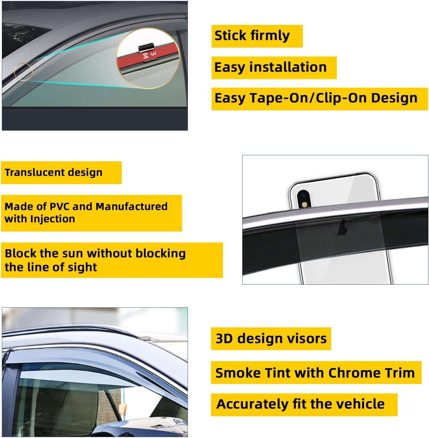 4pcs Smoke Tint With Chrome Trim Outside Mount Tape On/Clip On Style PVC Sun Rain Guard Window Visors Compatible with 2012-2014 Toyota Camry