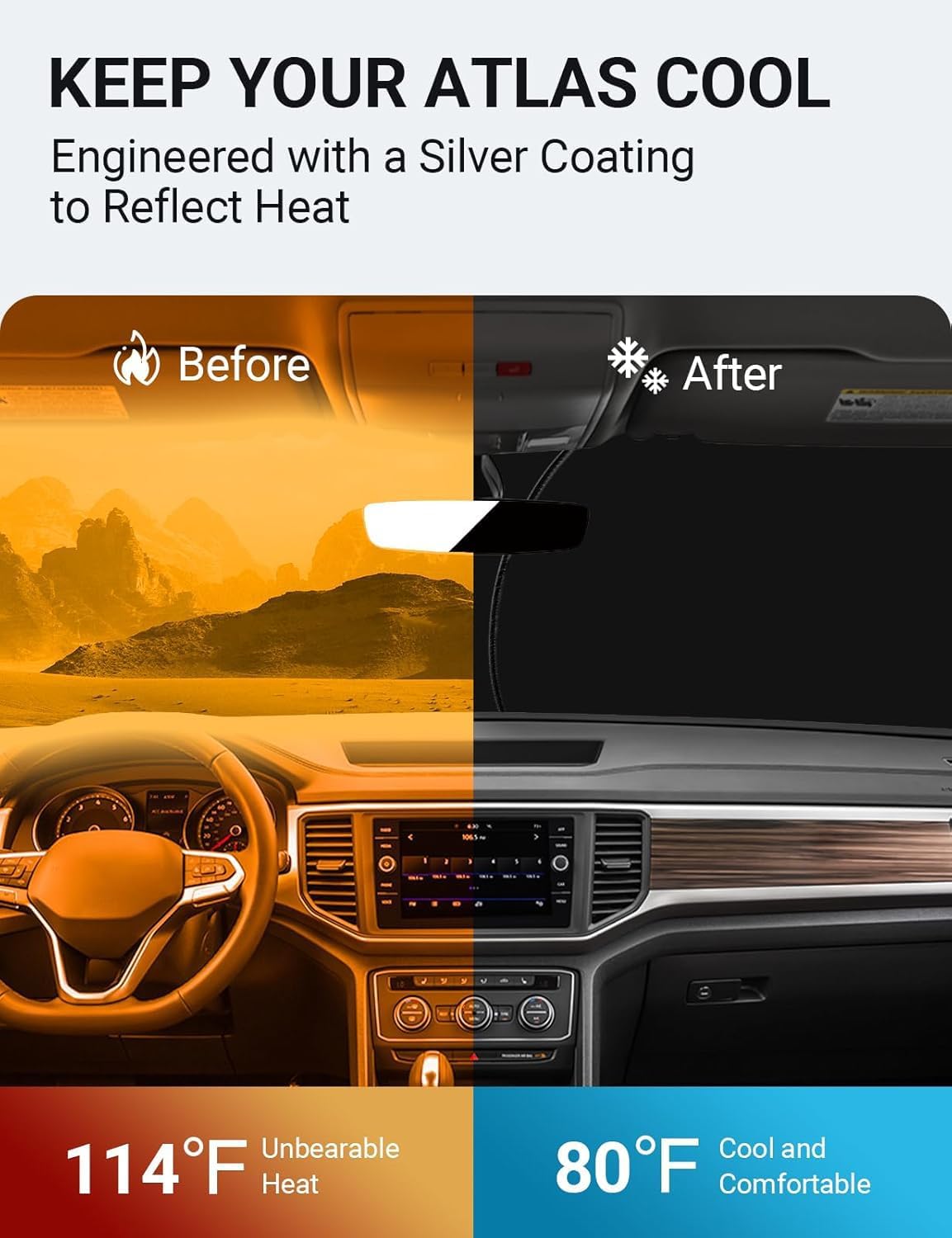 Proadsy for Volkswagen Atlas 2018-2024 2025 Windshield Sun Shade 4-Layer Foldable Front Sunshade Protector Sun Visor Blocks UV Rays Keep Car Cooler