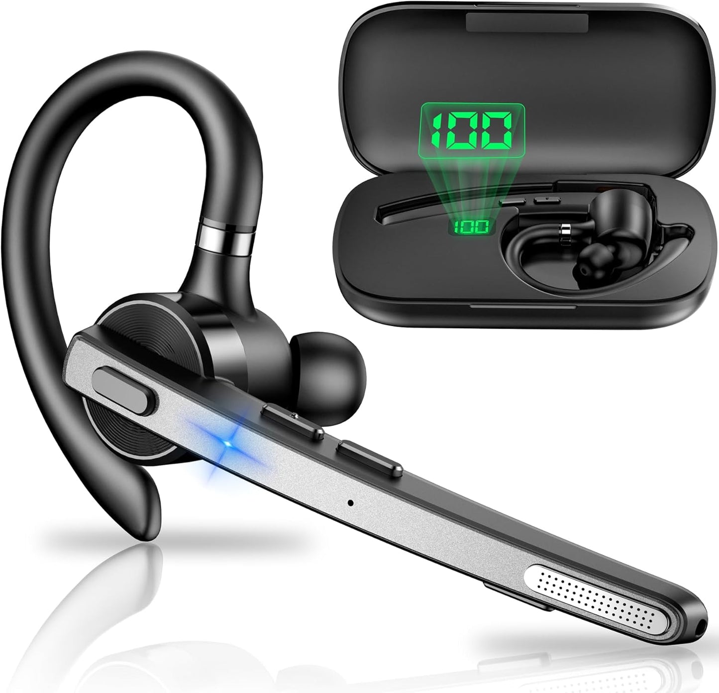 New bee Bluetooth Headset, 72H Talktime Wireless Bluetooth Earpiece for Cellphone with 500mah Charging Case V5.1 Dual Mic Noise Cancelling Hands-Free Earphones for Office Driver