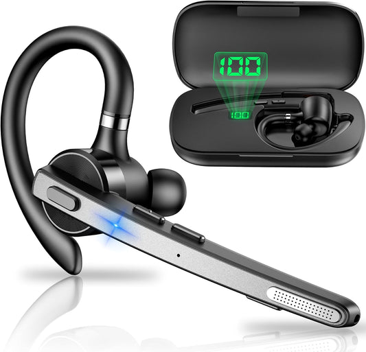 New bee Bluetooth Headset, 72H Talktime Wireless Bluetooth Earpiece for Cellphone with 500mah Charging Case V5.1 Dual Mic Noise Cancelling Hands-Free Earphones for Office Driver