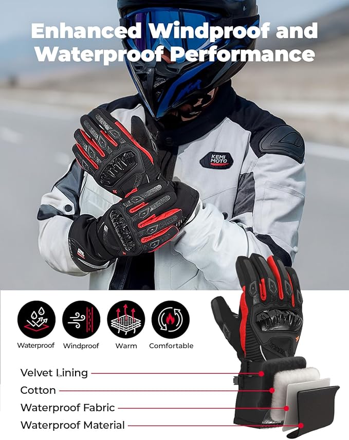 KEMIMOTO Winter Motorcycle Gloves, Rainproof Riding Warm Gloves with Touchscreen for Motorcycle Riding, ATV, UTV, Snowmobile Red M