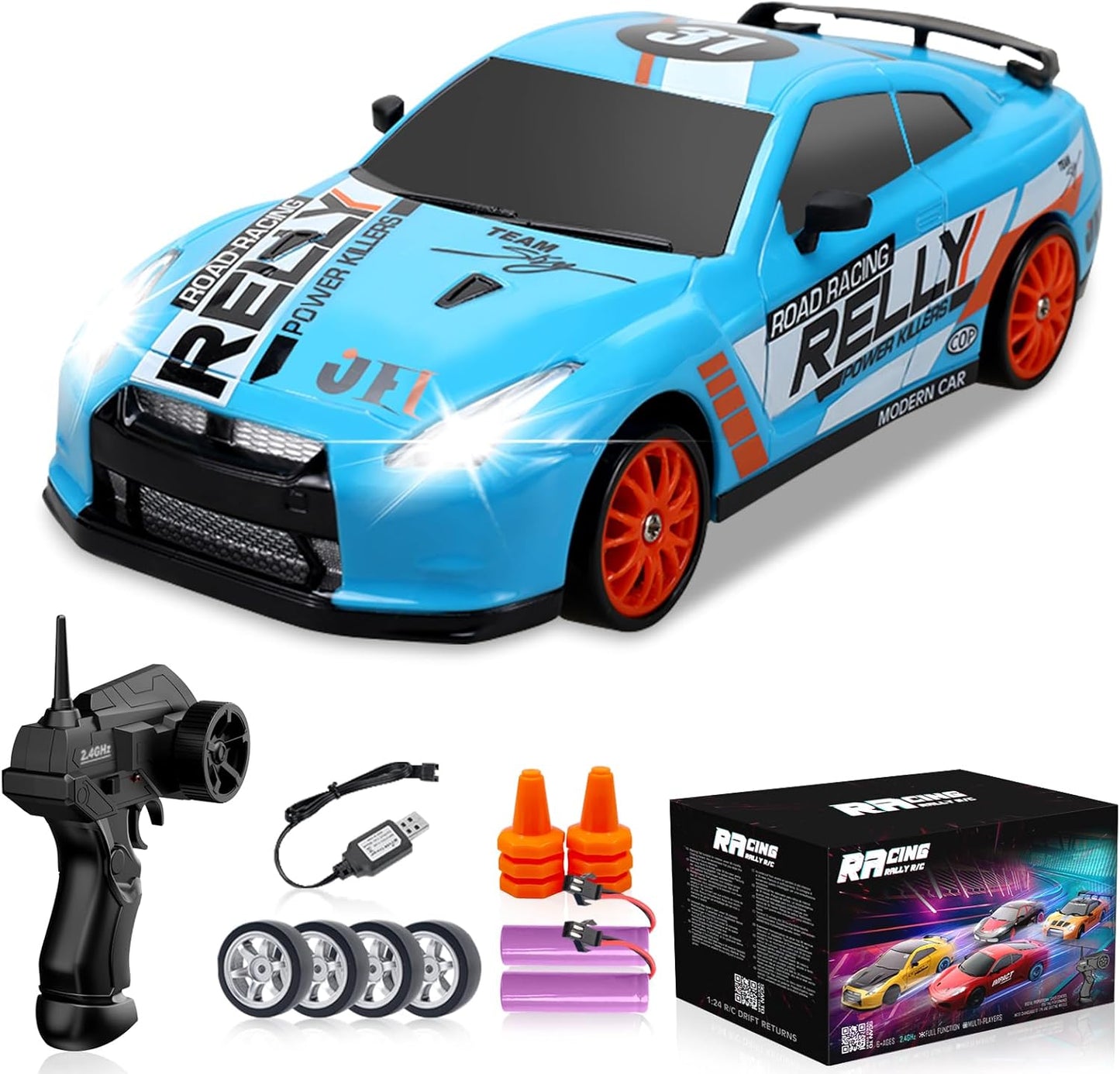 RC Drift Car 2.4GHz 1:24 Scale 4WD Remote Control Car 15KM/H High Speed Drifting RC Cars with Cool Lights, Two Batteries and Extra Tires Toys for Kids Boys Girls Adults, Blue