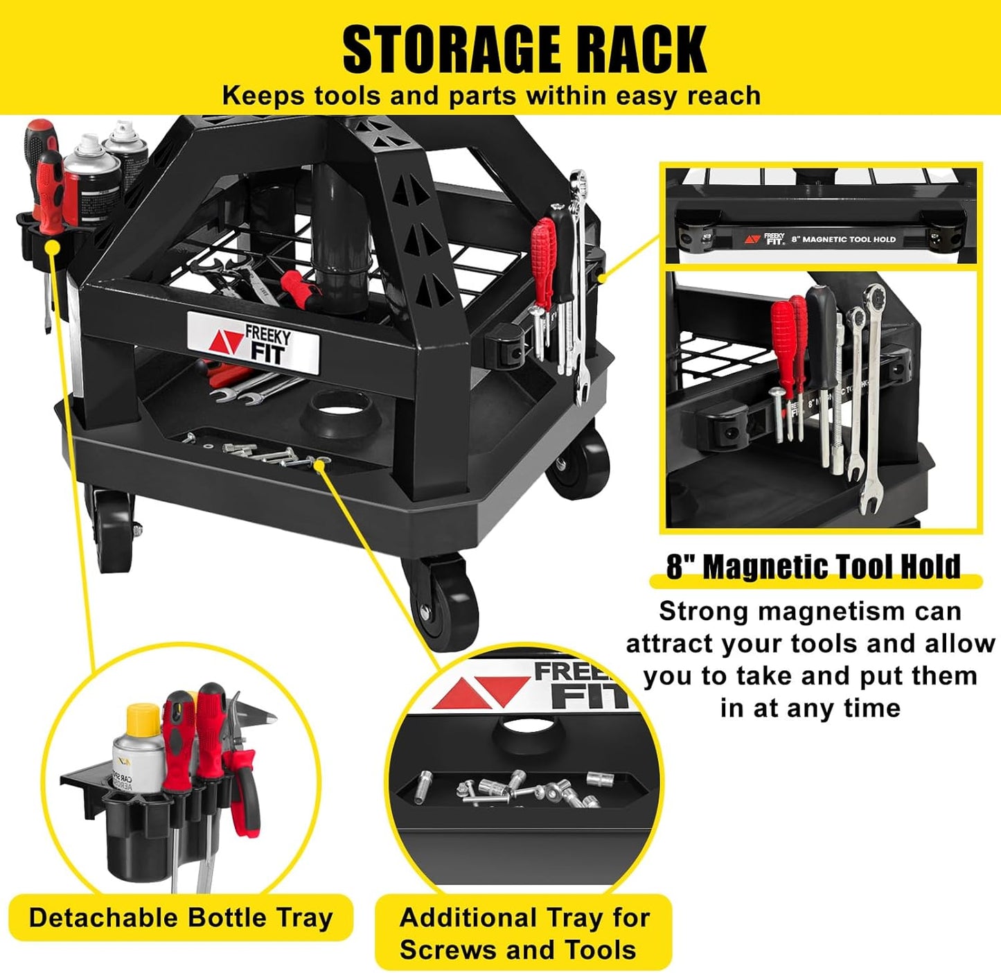 Rolling Shop Stool for Garage with Casters, DO02-Adjustable Height 360° Swivel Shop Seat with Tool Tray Storage, 330 LBS Capacity Padded Mechanic Stool, Magnetic Tool Hold, Heavy Duty, Black
