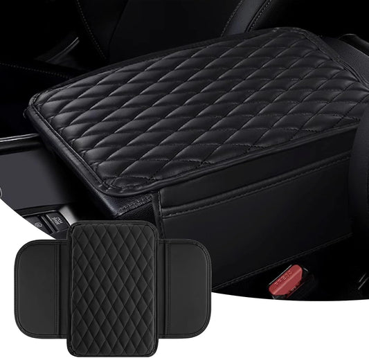 Car Center Console Cover, Upgraded Leather Arm Rest Cover for Car SUV, Car Middle Armrest Console Cover with 2 Storage Bags Scratch Resistant Waterproof Universal Car Accessories (Black)