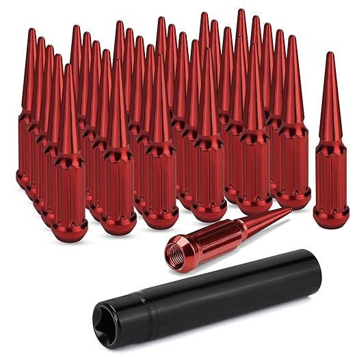 9/16-18 Spike Lug Nuts - 32 PCS Red Spiked Lug Nuts 9/16 Solid 4.4" Tall Acorn Lug Nut with 1 Socket Key Replacement for 1994-2010 Ram 2500/3500, 1984-1997 F250/F350, 1974-1988 J20
