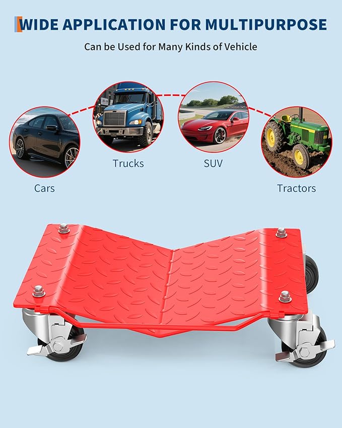 Car Wheel Dolly Set of 4,6000 LBS Capacity Heavy Duty Vehicle Mover Dolly with Brakes for Moving Cars, Trucks, Trailers and Motorcycles, Red