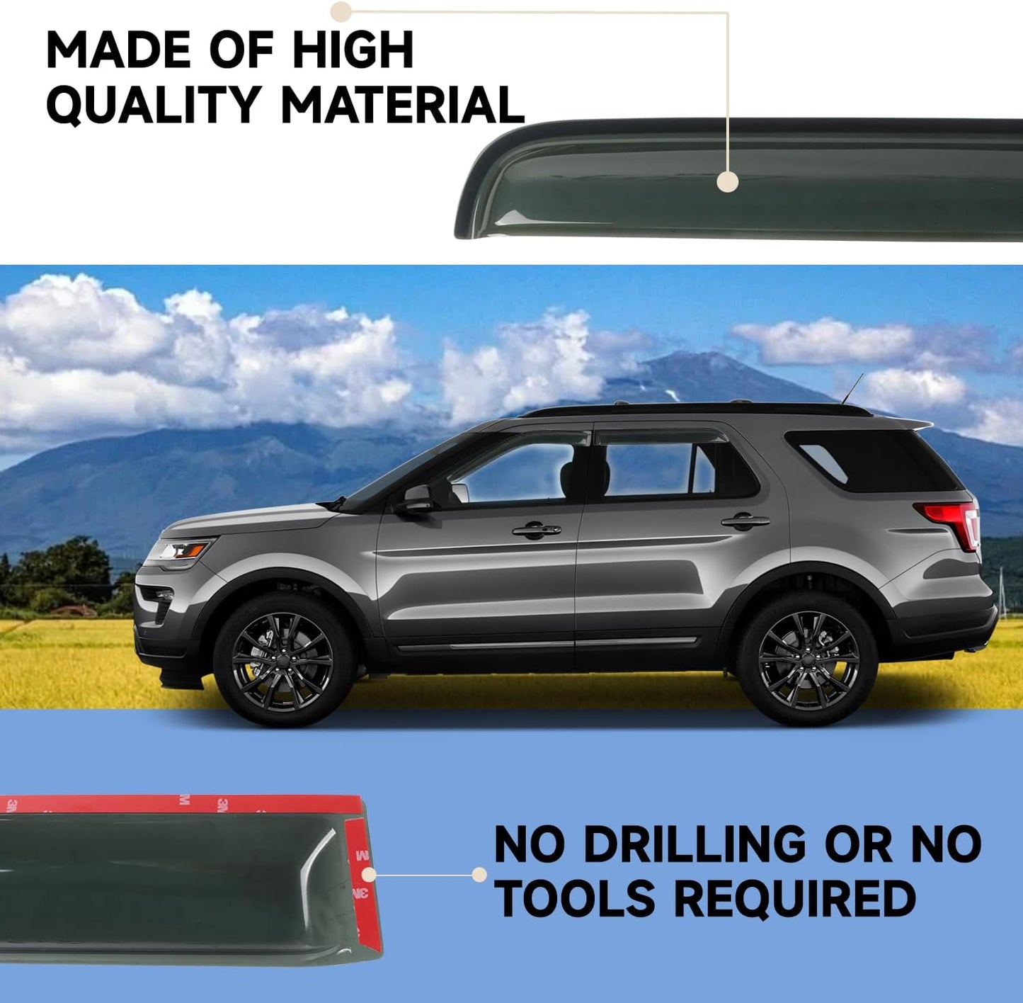 4PCS Rain Guards Window Visor Fit for 2011-2019 Ford Explorer, Tape-on Wind Deflector Shade, Outside Mount Vent Visor Shields, Smoke Tinted, 2012 2013 2014 2015 2016 2017 2018