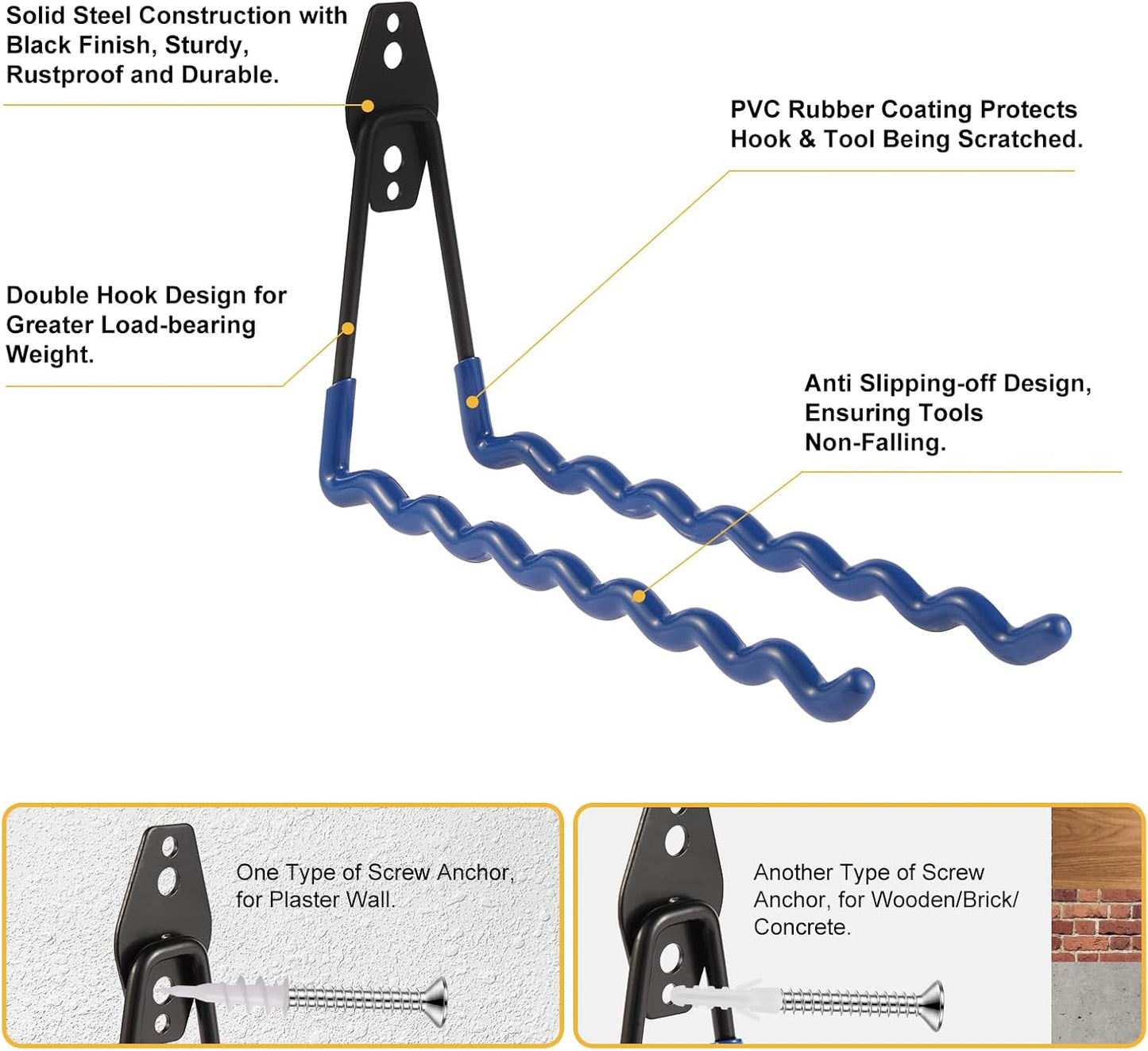 Wall Mounted Garage Hooks Tool Organizer, 14 Inch Garage Storage Hook Heavy Duty Utility Wall Hangers Blue for Ladders, Hose, Garden Tools, Set of 4